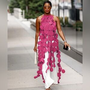 Fuchsia Petal Appliqué Halter Maxi Dress – Statement Floral